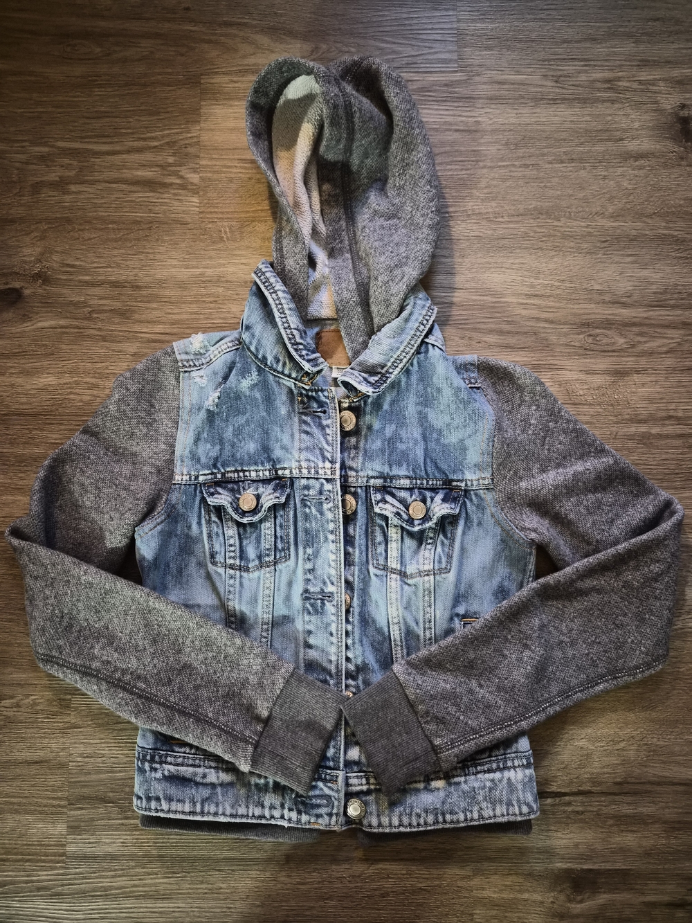 American Eagle Denim Jacket with Gray Knit Hood and Sleeves